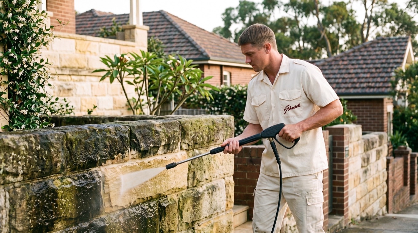 A Schmick operator in cream uniform soft-washing a sandstone wall outside a Sydney home