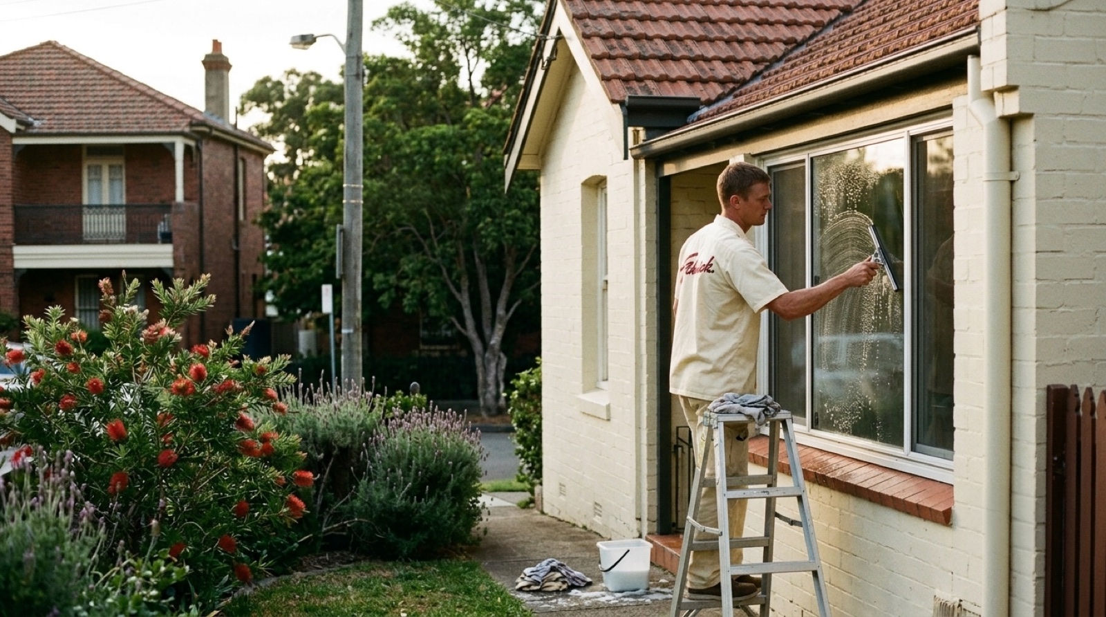 A Schmick operator on a ladder squeegeeing the window of a cream-brick Sydney home at golden hour