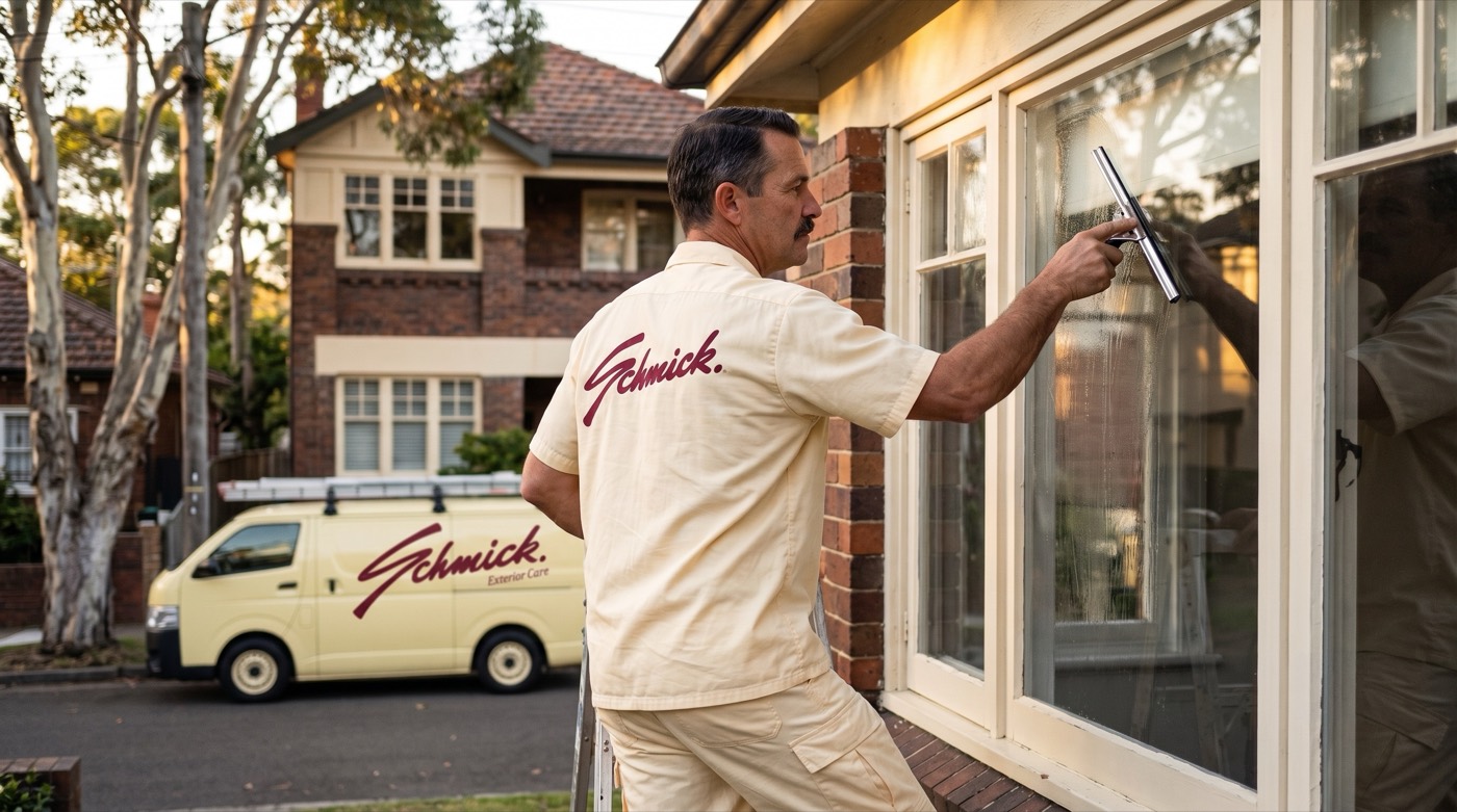 A Schmick operator in a cream jumpsuit squeegeeing a window at a Sydney home
