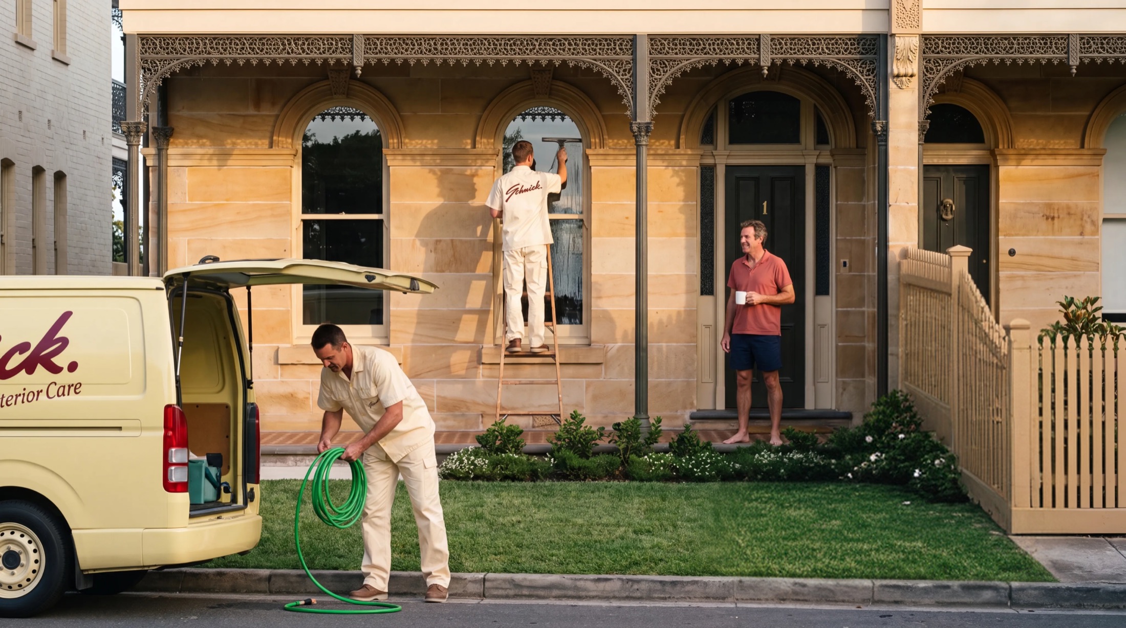 A Schmick crew cleaning a heritage sandstone terrace in Sydney, the butter-yellow van at the kerb